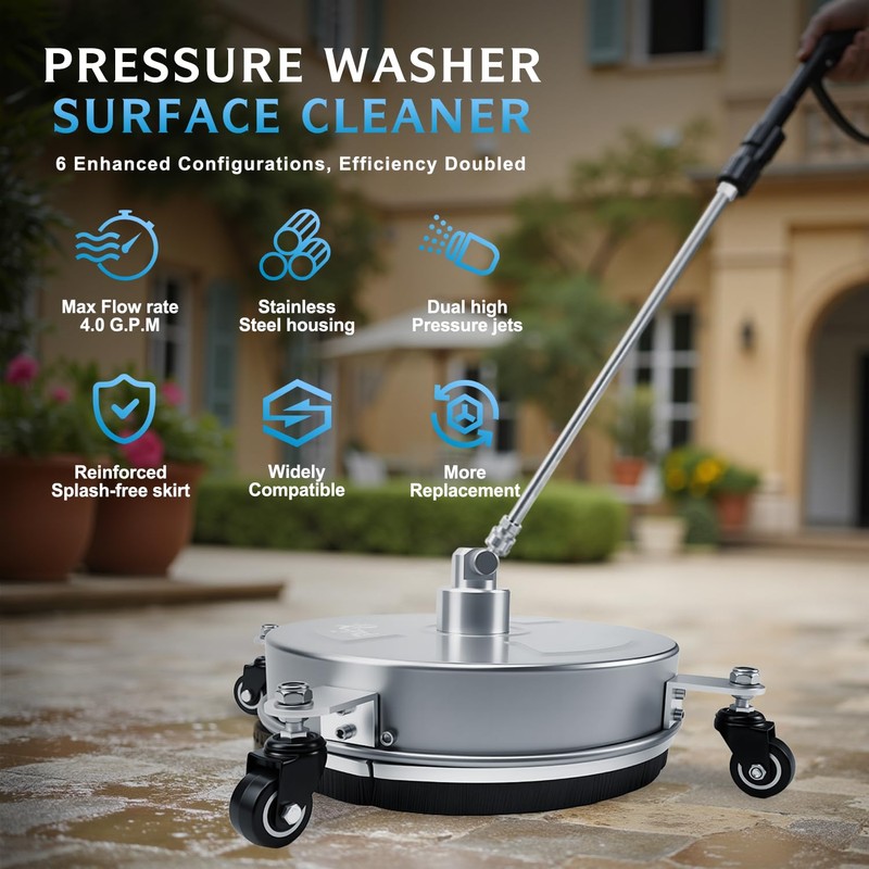 RAYNEL 14'' Pressure Washer Surface Cleaner with 4 Wheels, Stainless
