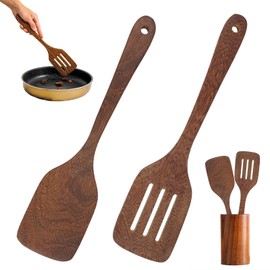 LeoHaze Pack of 2 Wooden Textured Creative Spatulas, Long Handle, Anti-scalding Kitchen Wooden Spatula, Wood, Non-Stick, Lightweight Kitchen Cooking Spoon, Wood for Cooking
