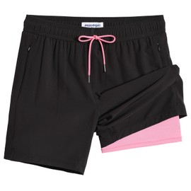 maamgic Swim Trunks Men 2 in 1 Mens Bathing Suit 7 Inch Quick Dry Mens Swimming Trunks with Zipper Pockets Pink-Black