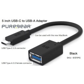 Puregear 5 inch USB-C (Male) to USB-A (Female) Adapter - Black / 61311PG