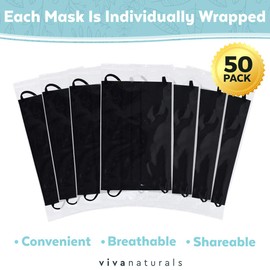 Viva Naturals Adult Face Masks (50 Individually Wrapped) - Premium 4-Ply Adult Masks, Black Face Mask Designed with Comfortable Earloops & Adjustable Metal Nose Strip, Disposable Black Mask