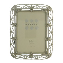 Sixtrees Alice Antique Vintage Shabby Chic Style silver metal photo frames with beads and crystals for a 7" x 5" picture - Includes our microfibre polishing cloth.