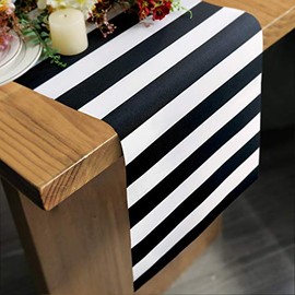 Camino de mesa con patrón de rayas en blanco y negro para aniversario, cena, suministros para fiesta, fiesta de cumpleaños, boda, Navidad, decoraciones de Año Nuevo, 30.5 x 274.3 cm (12 x 108 pulgadas