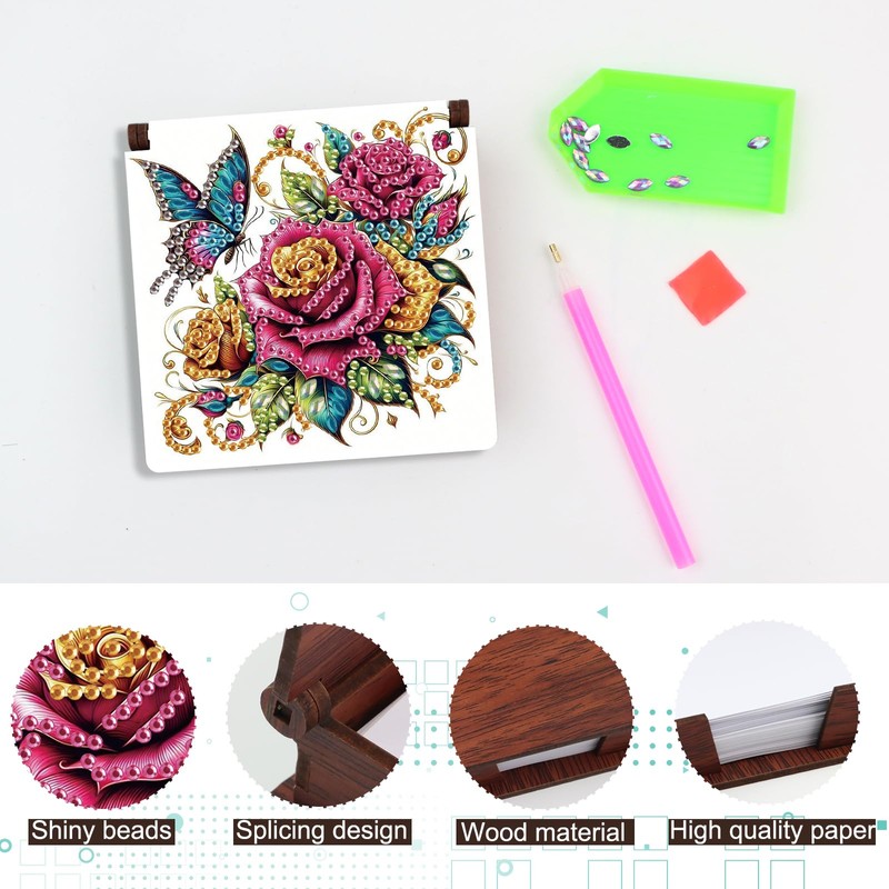 JZHYOAN Flower Diamond Art Wooden Note Box Reusable Portable Notes