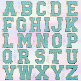 Winrase 26pcs Chenille Iron on Letter Patches A-Z Gold Glitter Border Varsity Letters Patches Fuzzy Embroidered Letter Sew on Patches for Clothes, Jacket, Bag, Hat, Shirts (2.56 inches, Light-Blue)