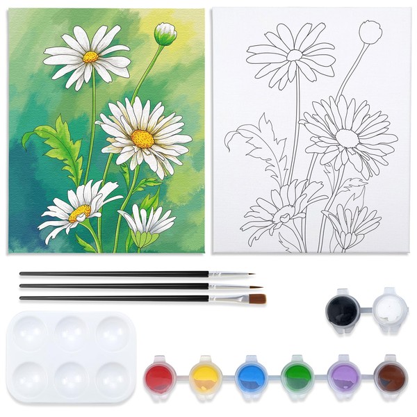 VOCHIC Paint and Sip Kit, Daisy Pre Drawn Canvas Painting Kit for Adults Kid Painting Twist Party Supplies for Beginner Gift Favor, 8 Acrylic Colors, 3 Brushes,1 Pallet,1 Image Art Craft Set(8x10)