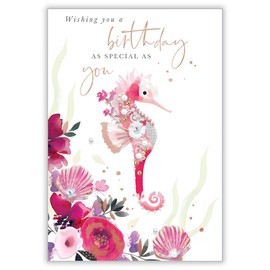 Abacus Cards Female Birthday Card - General Card for Women/Girls - Seahorse, Seashells & Flowers with Foil & Embellished Details - Recyclable & Eco-Friendly