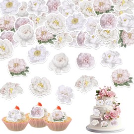 Fyeoxle 48PCS Edible Rose Flowers Cupcake Toppers Edible White Rose Flowers Cupcake Decor Wafer Paper Wedding Flowers Cupcake Picks for Flowers Theme Engagement Birthday Party Decor Supplies