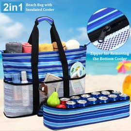 JIANYA Beach Bag Women Waterproof Sandproof Beach Tote Bags with Cooler Top Zipper Large Totes for Beach Pool Travel Daily, Small Stripes Blue
