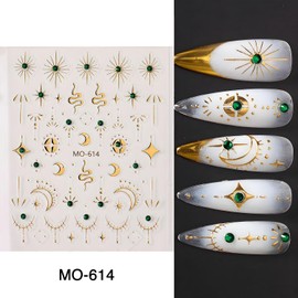 Nail Art Stickers Bohemian Snake Moon Star Nail Sticker 3D Self-Adhesive Bohemian Nail Decal Gold & Silver Moon Star Nail Art Supplies Green Crystal DIY Manicure Designs Nail Decoration for Women 2Pcs