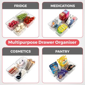 Amtido Drawer Organiser Tray Set - Clear Plastic Containers for Kitchen Utensils, Cosmetics, Food, and Stationery - Use in Drawers, Cupboards, Fridge, and Countertops (4 Pack - 10.2 x 15.2 x 8.3)