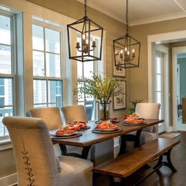 GZJunYo 4-Light Black Farmhouse Chandelier Light Fixture Iron Lantern Pendant Light Metal Cage Kitchen Hanging Light Fixtures for Kitchen Island, Dining Room, Entryway, Foyer, Hallway