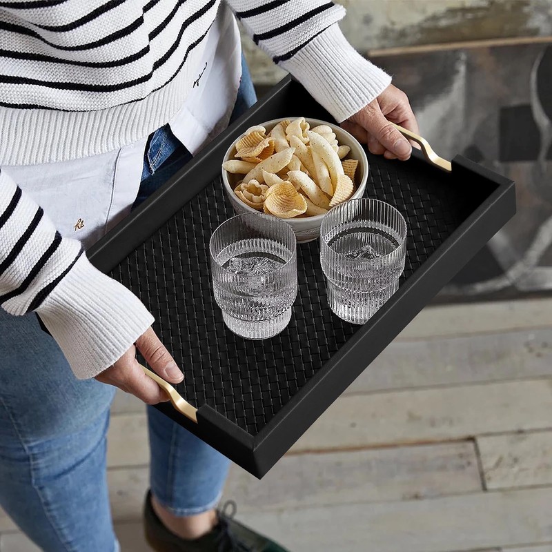 HofferRuffer Faux Leather Rectangle Serving Tray Decor Platter with Gold