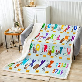jejeloiu Educational Flannel Fleece Throw Blanket 40"x50" ABC Alphabet Numbers Fuzzy Blanket for Sofa Couch Toddler Cute Animal Decor Sherpa Blanket All Season Fox Elephant Plush Blanket Bedroom