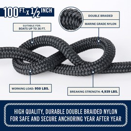 Rainier Supply Co Boat Dock Lines & Rope- Premium Double Braided Nylon Boat Anchor Rope 100 ft x 1/2"| 150ft x 1/2" | 100ft x 3/8" | 150ft x 3/8" - Anchor Line with Thimble