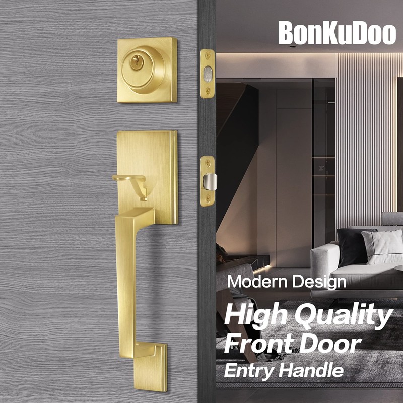 BonKuDoo Entry Front Door Handle, Satin Brass Square Front Door