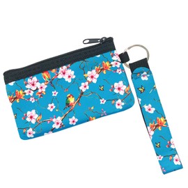 allydrew Neoprene Mini Wristlet Wallet/Credit Card ID Holder with Lanyard, Bird & Cherry Blossom