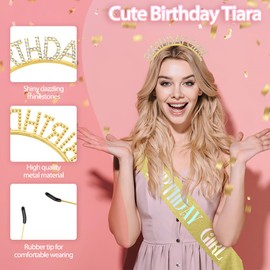Women's Birthday Girl Sash and Crown Set: Glitter Gold Yellow Rhinestone Headband, Happy Princess Tiara Accessories