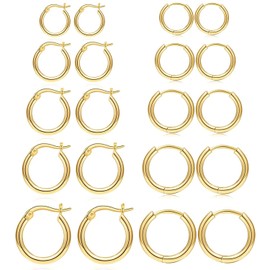 Senteria Gold Hoop Set Small Gold Hoop Earrings for Women 10 Pairs SmallGold Hoops Stainless Steel Hypoallergenic GoldCartilage Hoop for Men,(8MM-16MM)