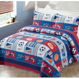 Better Home Style Red White and Blue Varsity Sports Themed Kids/Boys/Toddler Coverlet Bedspread Quilt Set with Pillowcases and Football Soccer and Basketball Imagery # MVP Sport (Twin)