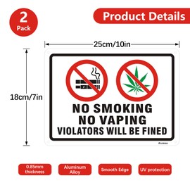 Aiuieaa No Smoking No Vaping Sign, 2 Pack Self-Adhesive No Smoking Sign for Business,