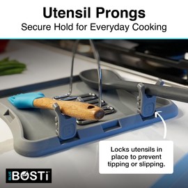 Blue Bosti Utensil Prong Pot Spoon Holder - Premium Silicone Spoon Rest - Heat-Resistant to 550°F, BPA-Free, Dishwasher Safe Utensil Pot Clip, Fits Most Pots & Pans - Non-Slip Silicone - 2PK, Gray