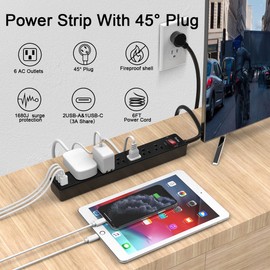 6Ft Power Bar Extension Cord - Yintar Power Strip Surge Protector with 6 AC Outlets and 3 USB Ports(1 USB C), 6 Feet Extension Cord, 1680 Joules, ETL Listed, (Black)