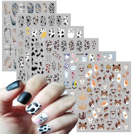 Cow Nail Art Stickers 3D Self-Adhesive Animal Nail Decals Design, Holographic Cow Print Line Nail Sticker Decoration Leopard Nail Decal for Women Girls Manicure Tips DIY Nails Art Supplies（6 Sheets）