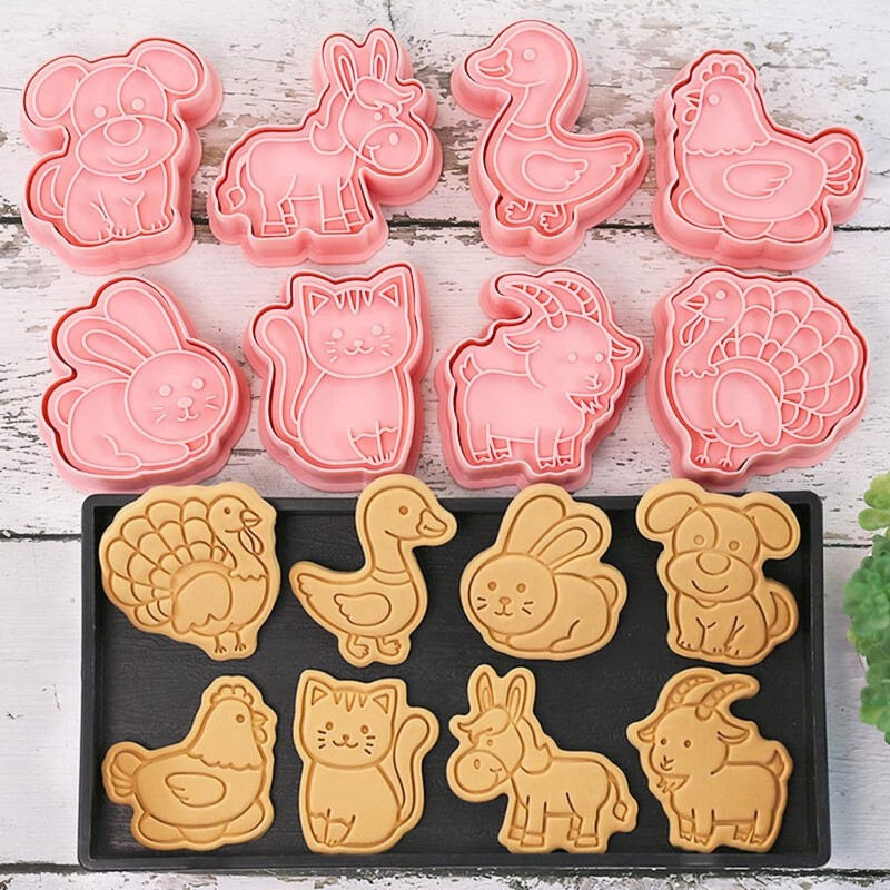 Farm Animal Cookie Cutter Set-8 Plastic Cookie Cutter Stamp- Farm