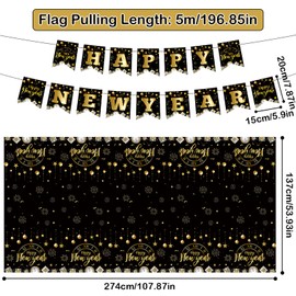 GreenYeah New Year's Eve Tablecloth, Happy New Year Tablecloths 2025, Happy New Year Banner, 2025 New Year Tablecloths, Black and Gold Party Tablecloth for Rectangle Table 137 x 274 cm (A)