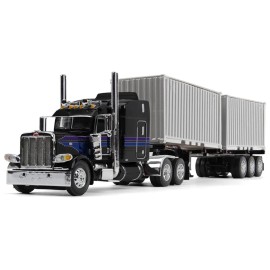 DCD Peterbilt 389 Diecast Toy 63\" Mid-Roof Sleeper Jet Black Container Trailer Stripes Featuring Two 20' Dry Goods Containers