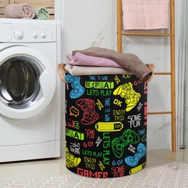 LOMBARDIDEN Laundry Basket for Boys - Video Game Kids Laundry Hamper with Handles - Collapsible Tall Clothes Hamper Storage Organizer Bin for Bedroom Bathroom Nursery Decor, 20.8" x 16"