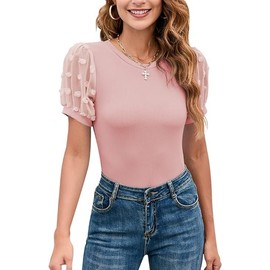 MIRALUNA Women's Casual Summer Swiss Dots Mesh Short Sleeve Bodysuit Shirts Slimming Ribbed Round Neck Jumpsuit Blouse Tops Pink,Medium