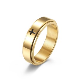 6mm Titanium Steel Gold Fidget Ring Engraved Small Cross Stainless Steel Spinner Rings Stress Relieving Anxiety Ring Engagement Wedding Promise Band for Women Men Boys Girls Size 11