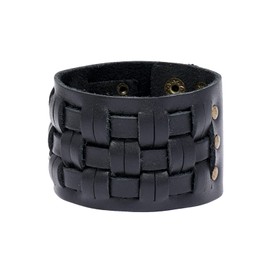 Fusamk Punk Rock Snap Bracelet Braided Wide Leather Wristband Arm Cuff Bracelet(Black)
