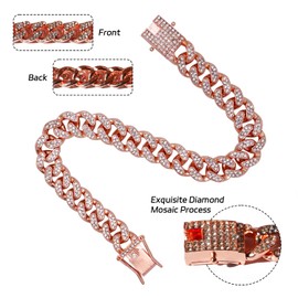 Dog Chain Diamond Collar Rose Gold Walking Metal Chain 12 mm Wide Necklace with Secure Buckle Pet Cuban Style Collar Jewelry Accessories for Small Medium Large Dog Cats (10 inch, Rose Gold)
