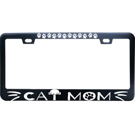 XHuiZio Paw Print Cat Mom License Plate Frame for Cat Lover, Black Stainless Steel Car Tag Frame, 6"x12" 2 Holes & Screws Fits Standard US/CA