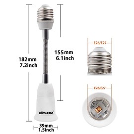 DiCUNO E26 15.5CM/5.5 Inch Extension Socket Extender Adapter, E26 to E26 Flexible Extension, All-Directional Adjustable Standard Medium Light Bulb Socket Converter (2-Pack)