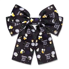 Happy New Year Hair Bows for Women, New Year’s Eve Hair Clips, Glitter Star Clock Champagne Hair Bows, Jeweled Rhinestone Black Bow Hair Ribbons New Year Outfits Holiday Accessories Gifts (Pattern E)