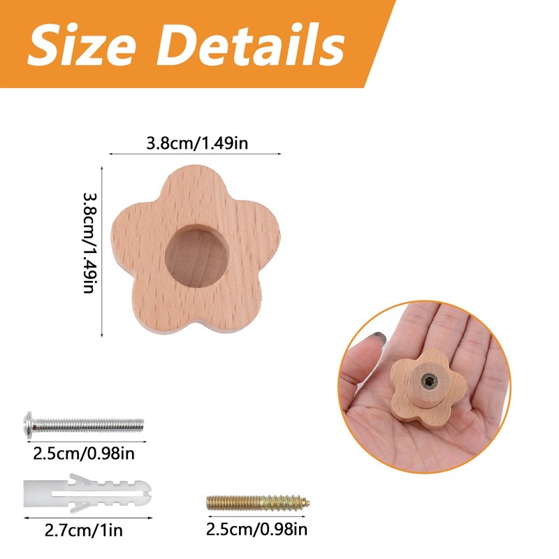 MOROBOR 6 x Wooden Flower Shaped Cabinet Knobs Handmade with
