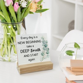 FUGWN Inspirational Desk Decor, Motivational Decor Wood Desk Sign, Inspirational Motivational Gifts for Women, Every Day is New Beginning Wooden Plaque with Wood Stand for Home Office Table Decor