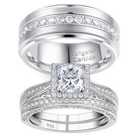 Newshe Jewellery Wedding Ring Sets for Him and Her Women Mens Silver Band Promise Rings Couples 5A Cubic Zirconia Size 10&6