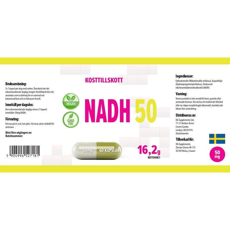 NADH 50 mg 60 Vegan Capsules, Laboratory Tested, High Dosage,