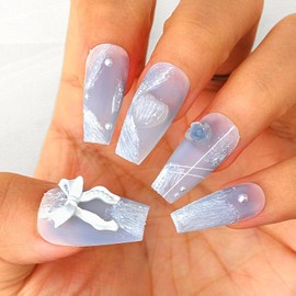 Sethexy Blue Long Coffin Nails Press On Handmade Matt False Nails 3D Angel Flowers False Nails Salon Durable Quality for Women and Girls (N)