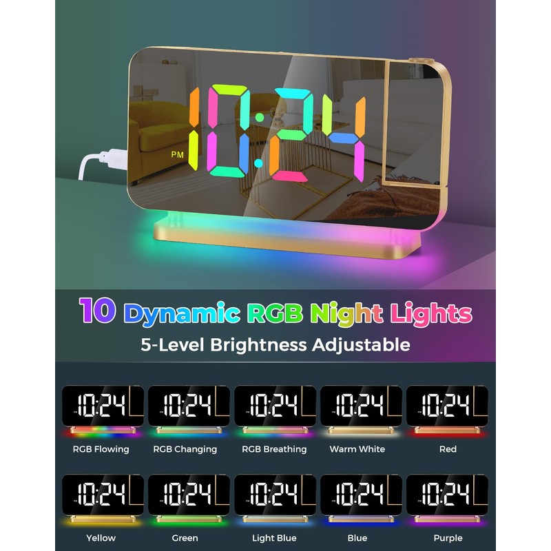 SZELAM Projection Alarm Clock,7.4" LED Mirror Digital Clocks Large Display,with