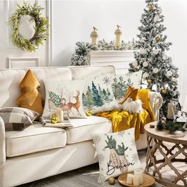 Pack of 4 Christmas Cushion Covers Linen, Christmas Cushion Nostalgia 45 x 45 cm, Christmas Decoration Indoor, Cushion Cover Christmas, Christmas Decoration American Cushion Cover for Sofa Bedroom Bed