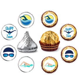 Swim Team Round Candy Sticker - Swimming Party or Birthday Favors Sticker Labels Fit Chocolate Candy (160 Pieces）