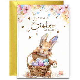 Sister Easter Card - Bunny with Easter Eggs Design - A5 Size with Gold Envelope