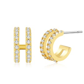 Obidos 14K Gold Plated Double Huggie Hoop Earrings for One Hole | Illusion Stud Earrings for Women