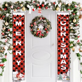 FINPAC Christmas Decorations Outdoor Yard Front Porch Sign Set, Red Plaid Door Banner, Merry Christmas Hanging Banner Flag for Home Indoor Outdoor Xmas Decor Wall Front Door Yard Garage